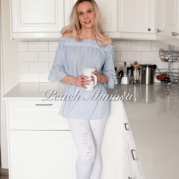 Pinstripe OTS bow detail top - Picture 2 of 5